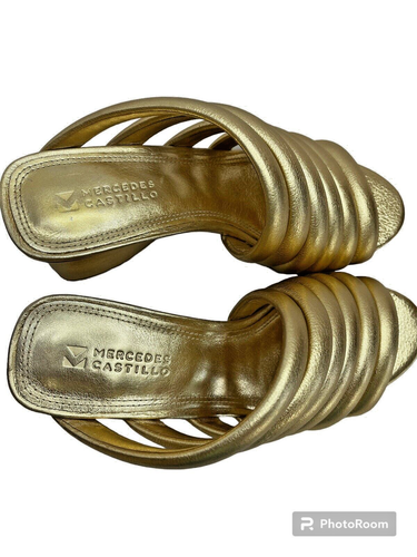 Mercedes Castillo Gold Metallic 5 Izzie Luxury Mules Sandals Lamb Leather Heels - Picture 4 of 22