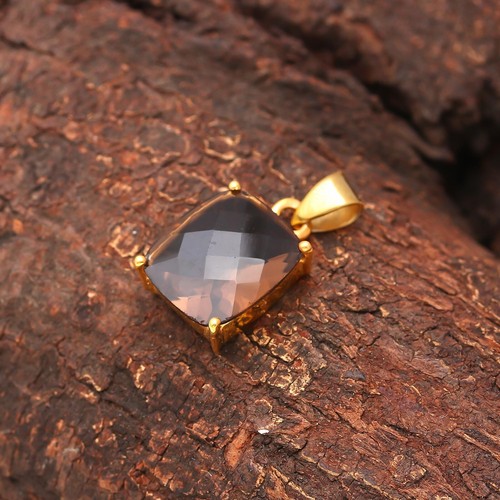 Natural Smoky Quartz Cushion Shape Pendant Solid Silver Gold Plated Boho Jewelry - Picture 8 of 10