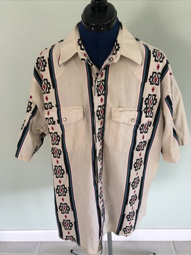 VINTAGE Wrangler Aztec Checotah Short Sleeve Pearl Western Snap Shirt Size XL - Picture 3 of 9