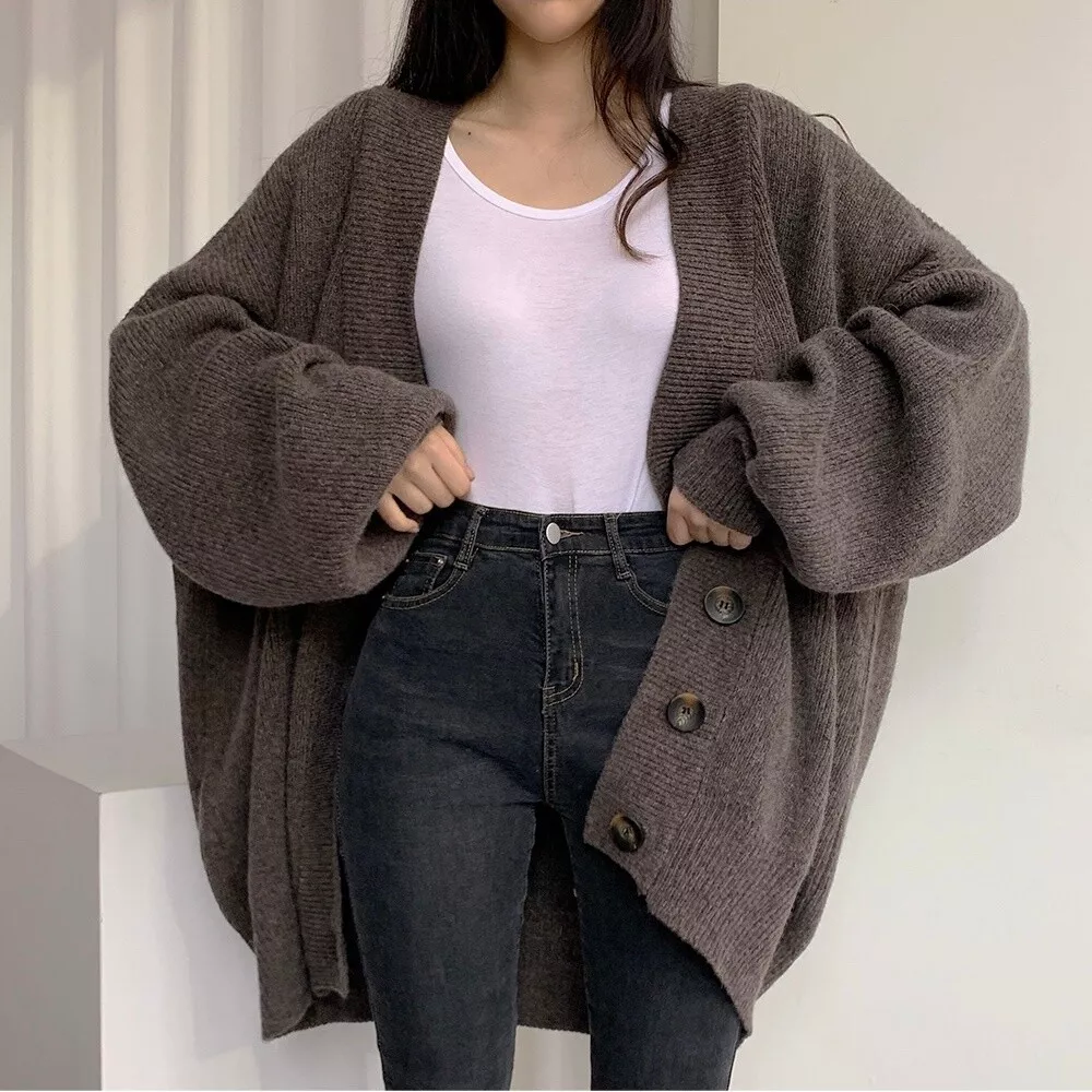 Women Oversized Cardigan Sweater Button Down Lantern Sleeve Knit Coat  Knitwear