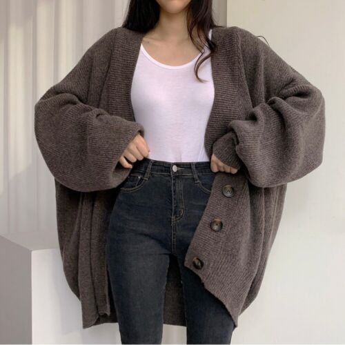 Oversized Cardigan Sweater Button Down Lantern Sleeve Knit Coat Knitwear Womens - Picture 4 of 24