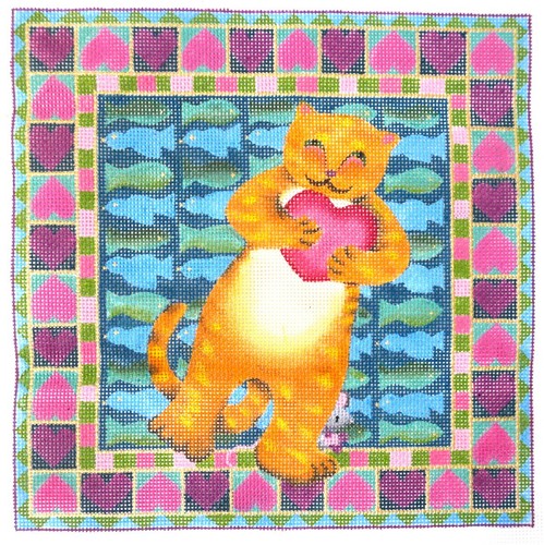Adorable Vintage Needlepoint Hand Painted Happy Cat Pillow 10.25" x 10.50" - Picture 2 of 6