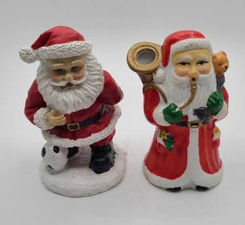 2 Vintage Ceramic Santas 3" Playing Tuba & With Soccer Ball, Christmas Decor