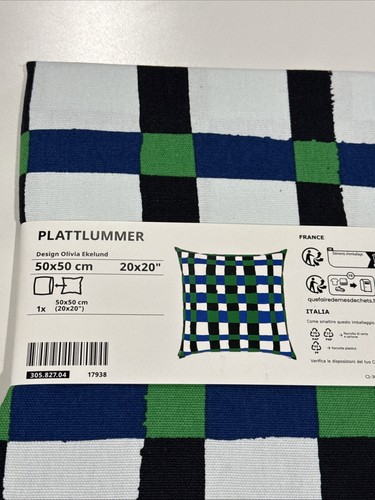 Ikea PLATTLUMMER Pillow Cushion Cover 20" x 20" Green/Blue/Black Checkered - Picture 3 of 6