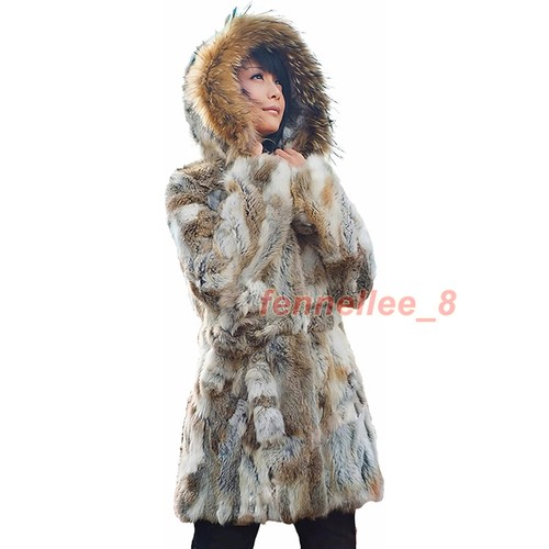 Women's 100% Real Rabbit Fur Vest Coat Raccoon Fur Collar Hooded Jacket Outwear - Picture 6 of 12