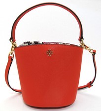 NEW TORY BURCH EMERSON Mini Drawstring Bucket Leather Crossbody Bright Samba Red