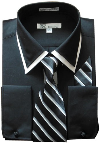 Men's Classic French Cuff Dress Shirt With Tie and Handkerchief Double Collar - Picture 12 of 13