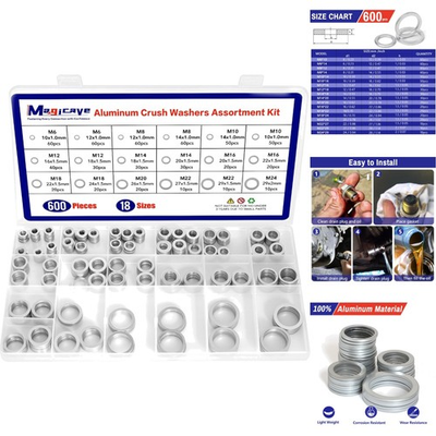 #ad #ad 600pc Aluminum Crush Washer Assortment Kit 18 Sizes Oil Drain Plug Gasket M6 M24 $24.99