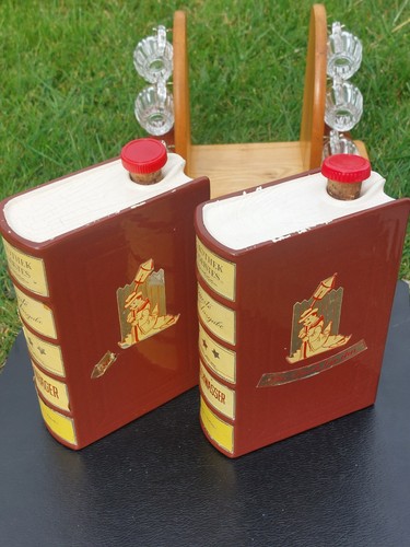 West German Vintage 2 Book Decanter Set, Steinhager Kirschwasser, 6 Shot Glasses - Picture 4 of 22