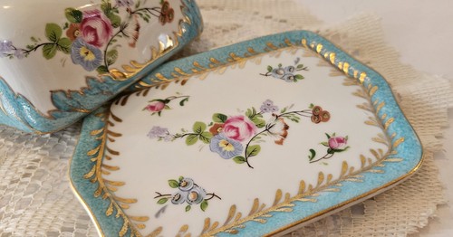 Servizio piatti burro e formaggio vintage N Decor A Sevre. Floreale, blu, bianco, oro rosa - Foto 8 di 10