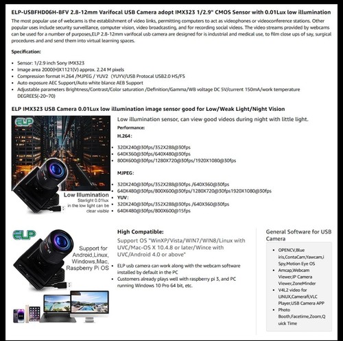 ELP Sony IMX323 Camera Sensor Low Light Mini Webcam Microphone Zoom Surveillance - Photo 7/8