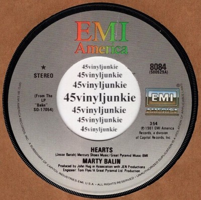 Marty Balin NM 45 rpm ''Hearts'' on EMI America Records