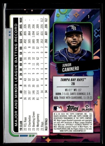 2024 Topps Chrome Cosmic Junior Caminero RC Tampa Bay Rays #1 - Bild 2 von 2