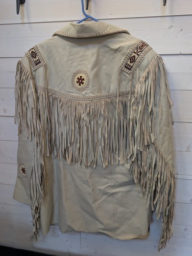 Scully Handlaced Fringe Leather Jacket Cream Beaded Button Closure Size 46 - Picture 7 of 8