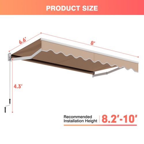 8'× 6.5' Retractable Awning Aluminum Patio Sun Shade Rainproof Cover w/ Handle - Picture 2 of 6