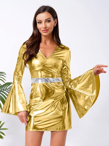 Vestito donna anni 70 retrò festa decorazione cristallo bodycon con maniche svasate halloween - Foto 55 di 78