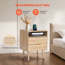 VEVOR Rattan Nightstand,Boho Bedside Table with Open Shelf 2 Drawers,Rattan End