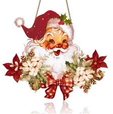 Vintage Style Santa Claus Welcome Sign - Wooden Hanging Sign for Front Door Xmas