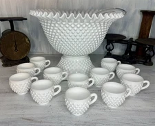 RARE Fenton Hobnail Milk Glass Pedestal Punch Bowl 12 Cups original Glass Ladle