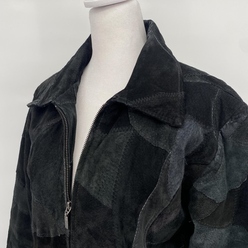 Giacca pelliccia Henig vintage donna piccola nera grigia patchwork pelle scamosciata Y2K - Foto 6 di 19