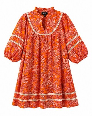 GiGiO Orange Pink Paisley Puff Sleeve A-Line Short Dress Scoop Neck L