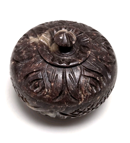 Stone Inlaid and Carved Round w/Lid Trinket Box Made India Jewelry Storage Lot 2 - Picture 4 of 18