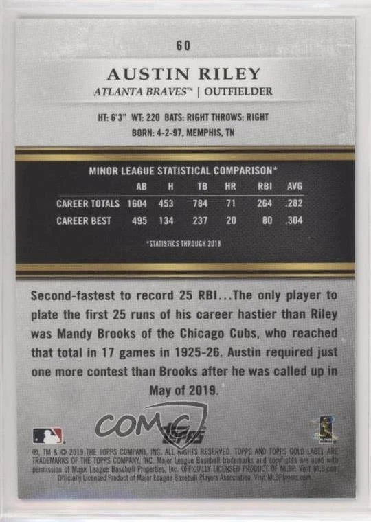 2019 Topps Gold Label Class 1 Blue /150 Austin Riley #60 Rookie RC - Image 2 of 2