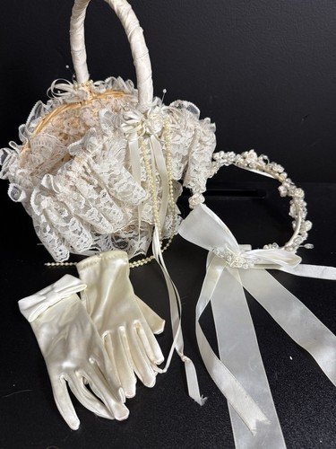 Flower Girl Dress Sz 7 David's Bridal Ivory Beaded Basket Gloves Crown F5209A - Picture 15 of 19