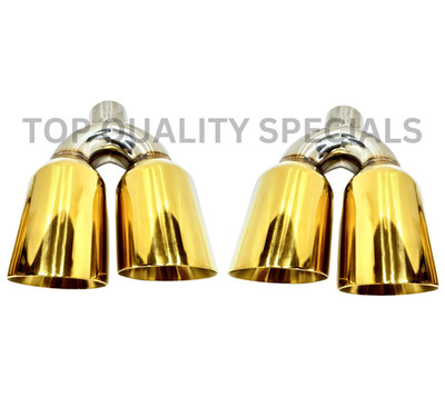 QUAD 4'' OUT GOLDEN EXHAUST TIP STAGGERED L & R PAIR 3'' INLET DUAL WALL ANGLE CUT