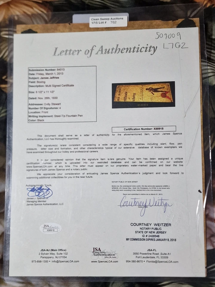 James J Jeffries Boxing Heavyweight Champion Original Hand Signed Document 1930 - Image 3 of 4