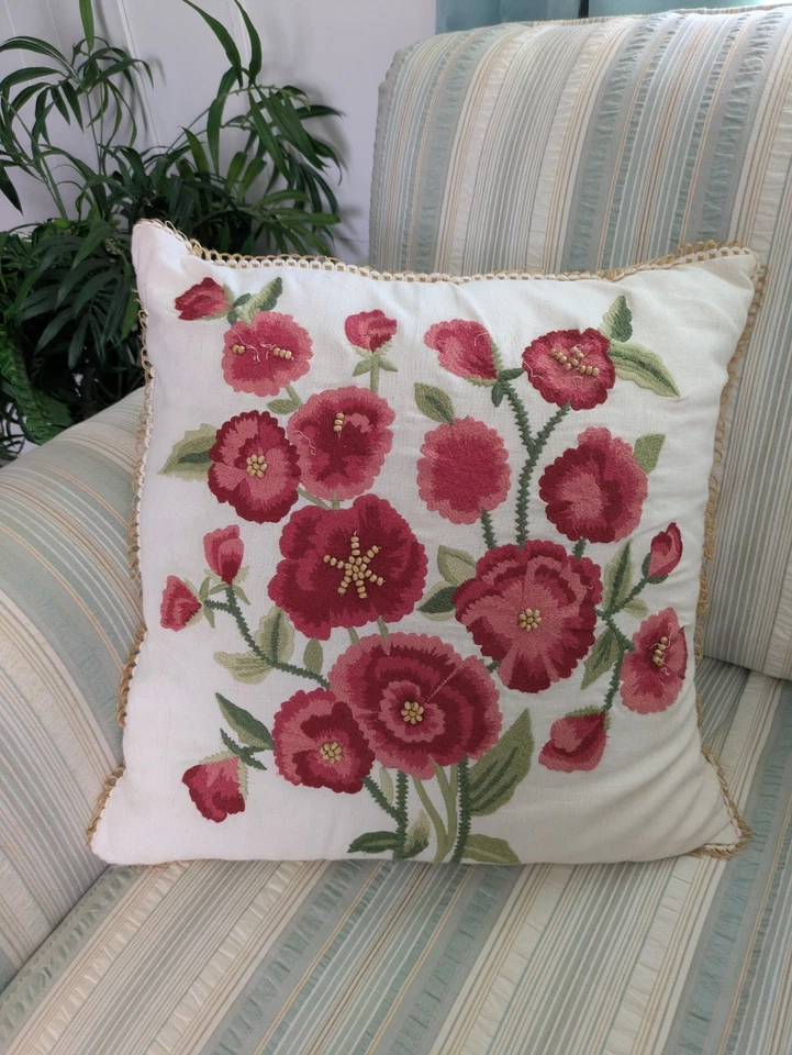 Vintage Pier One Imports Pink White Crewel Embroidered Floral Throw Pillow - Image 2 of 4