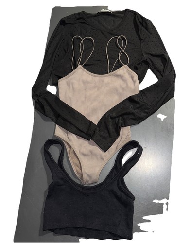 Pull & Bear Women's Small Boho Cropped Blouse Black Green Bodysuit - Picture 2 of 14