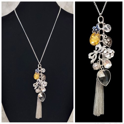 Eklektisch Charm Statement Halskette Silberfarben Herz Schleife Quaste Strass Funky - Bild 1 von 12