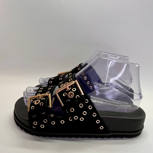 AllSaints Khai Sandal Size 7 Black Suede Double Strap Eyelet Chunky Slide - Picture 3 of 18