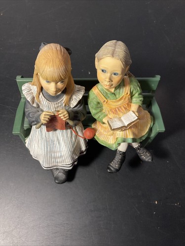 Vintage Designs Norway 2 Girls Sitting On A Bench Figurine Knitting & Reading - Picture 10 of 14