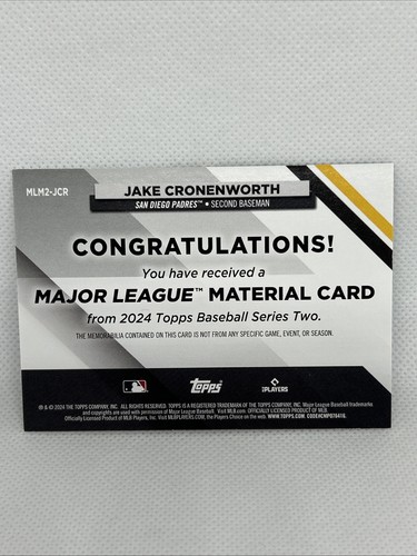 Jake Cronenworth 2024 Topps Series 2 Major League Materials Black /199 #MLM2-JCR - Bild 2 von 3