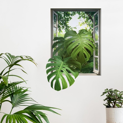 3D Monstera Leaves Fake Window Wall Stickers for Living Room Green - Picture 1 of 6