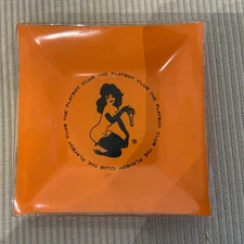 Vintage 1960’s THE PLAYBOY CLUB GLASS ASHTRAY Orange Black 3.75”x 3.75”
