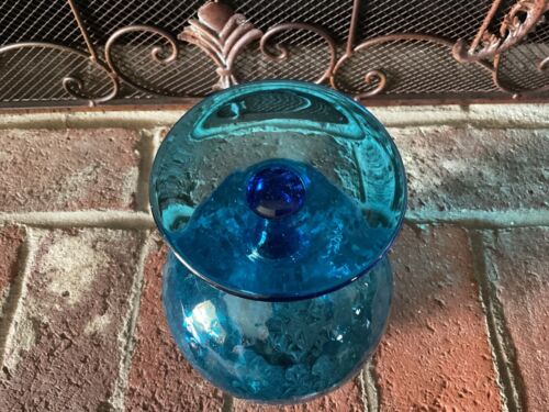 Vtg MCM 60's Empoli Italy Blue Teal Diamond Optic Lg Brandy Snifter Grannycore - Picture 9 of 9