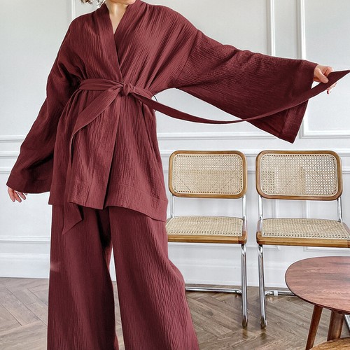2024 hot Summer loose robe set double gauze pure color women pajamas sweat suit - Picture 28 of 36