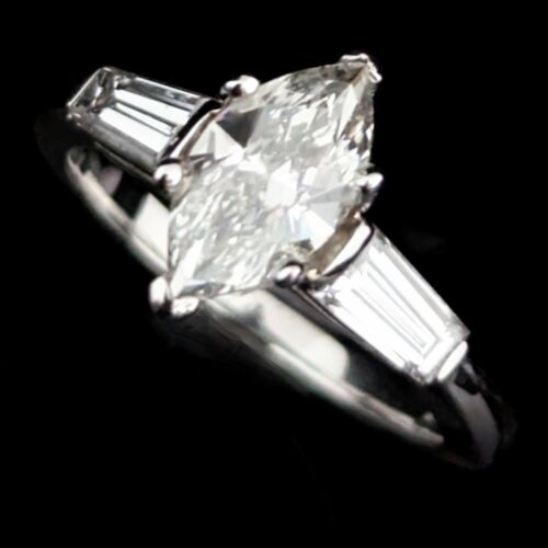 1950s GIA Marquise Cut Diamond Baguette Platinum Engagement Ring Vintage Estate
