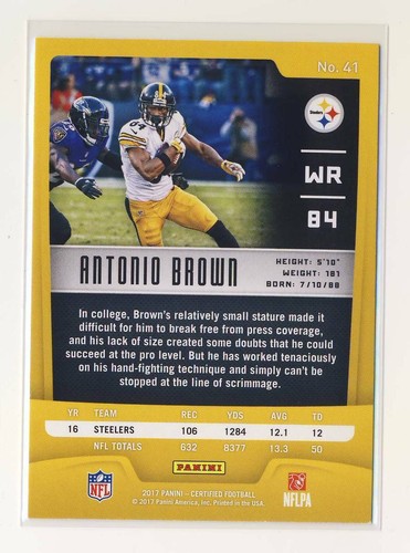 2017 Certified #41 Antonio Brown Base Card BX6 - Picture 2 of 2