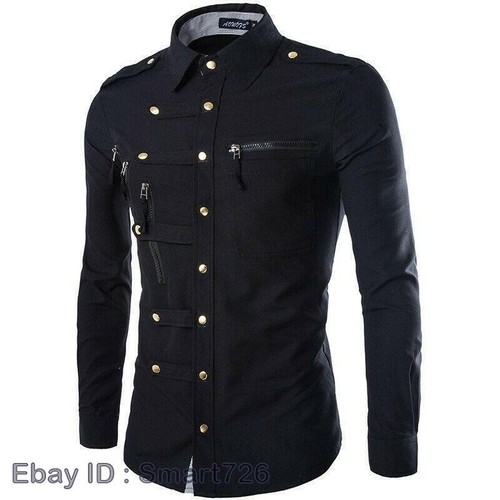 Casual Slim Fit Double Breasted Personality Shirt Long Sleeves Blouses Tops Mens - Picture 7 of 25