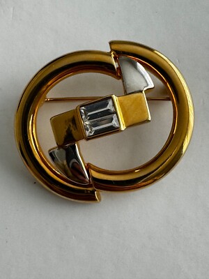 Vintage Courreges Paris Brooch Designer Gold Silver Tone Oval Rhinestone Runway