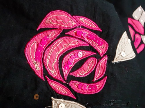 Rocha John Rocha UK 8 100% Cotton Black Floral Dress~ Rose Applique ~ Sequins - Picture 8 of 10