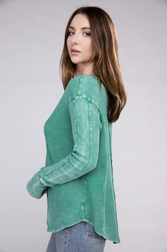 ZENANA Long Sleeve Top Washed Waffle Knit Round Neck Solid Color 100% Cotton - Picture 14 of 22