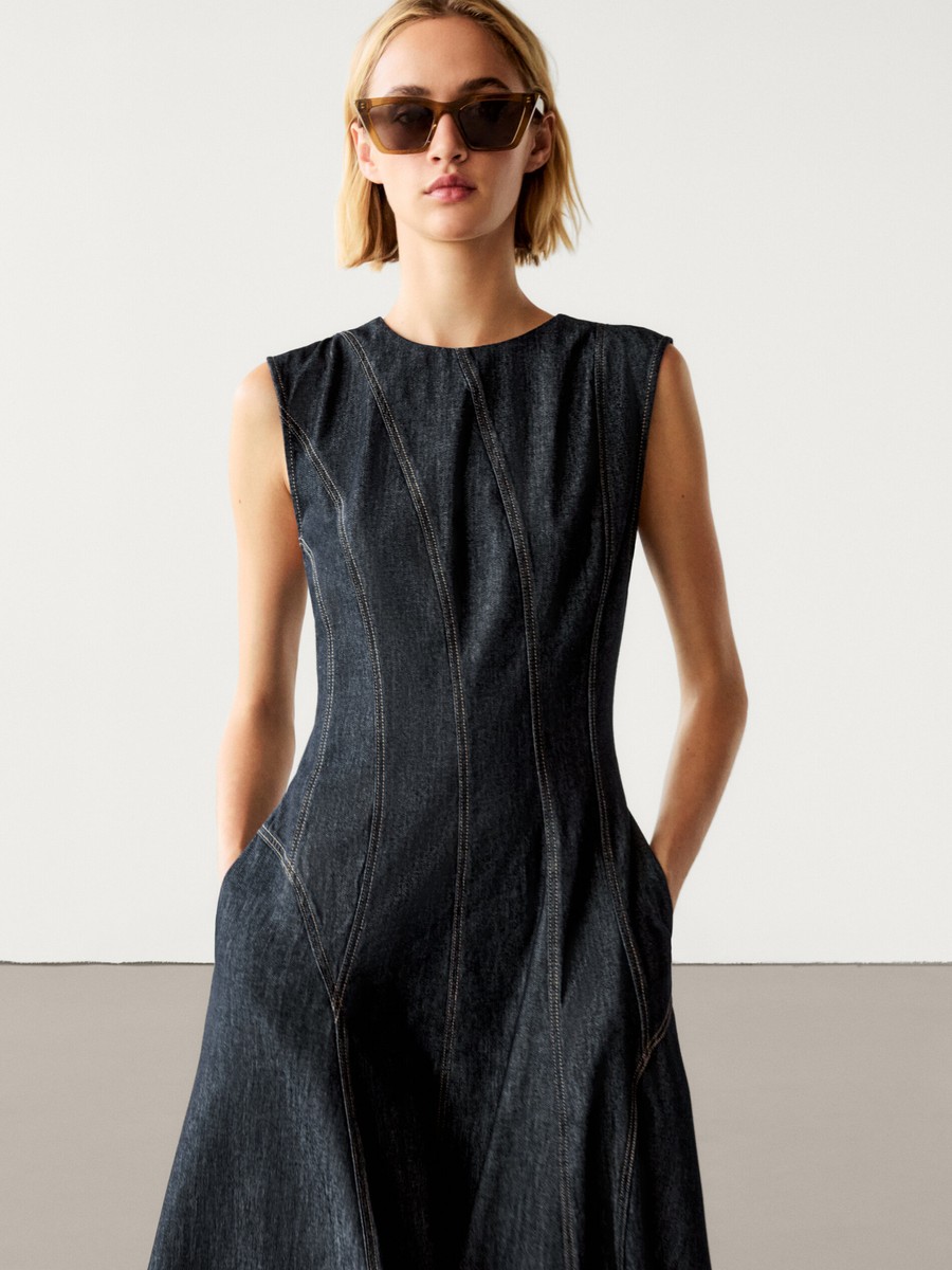 ★ Massimo Dutti★ 100% cotton denim mini dress 06690400407 fashion women's retro casual waist slim sleeveless denim