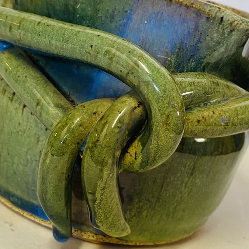 Studio Art Pottery Bowl Thrown Swirled Glazed Modern Green Blues Unique Signed - Picture 7 of 9