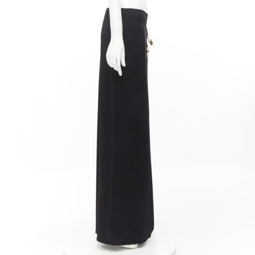 VERSACE gold Medusa safety pin black viscose high slit skirt IT44 L - Picture 5 of 10