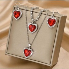 Red Glass Heart Necklace Bracelet Earrings Set Rhinestone Surround Silver Tone